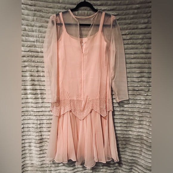 Vintage Blush Pink hand Beaded Chiffon Dress with a sheer overlay - Picture 2 of 6